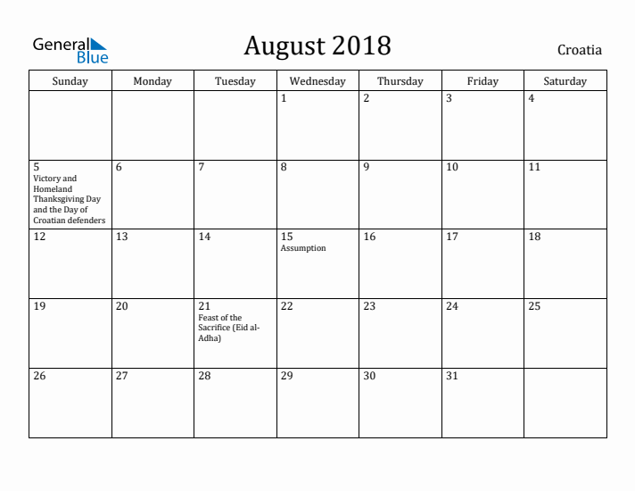 August 2018 Calendar Croatia