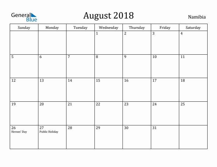 August 2018 Calendar Namibia