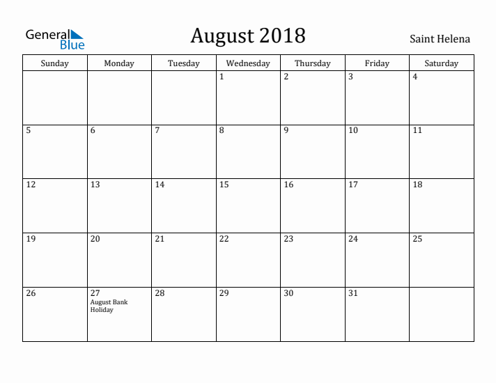 August 2018 Calendar Saint Helena