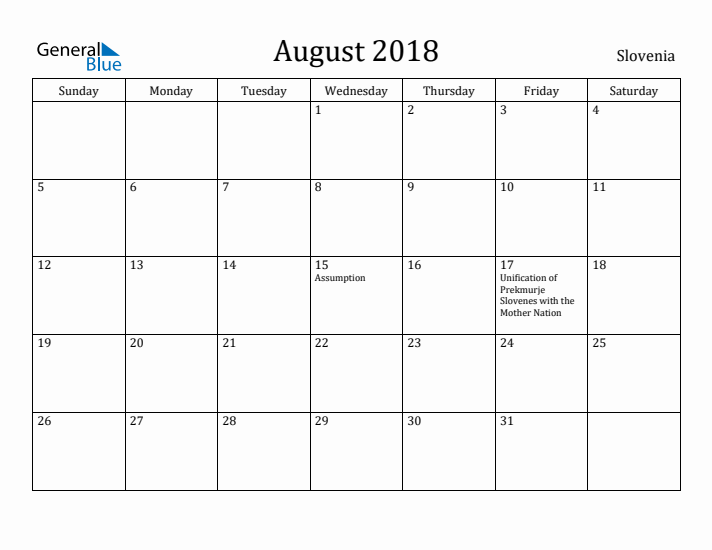 August 2018 Calendar Slovenia