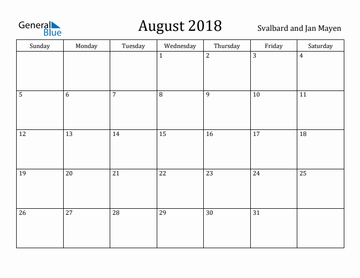 August 2018 Calendar Svalbard and Jan Mayen