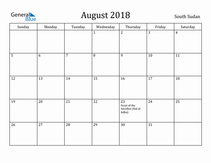 August 2018 Calendar South Sudan