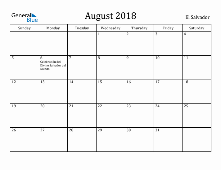 August 2018 Calendar El Salvador