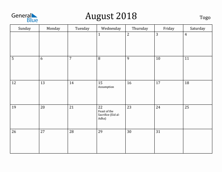 August 2018 Calendar Togo