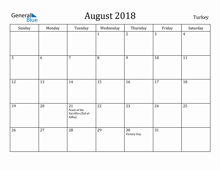 August 2018 Calendar Turkey
