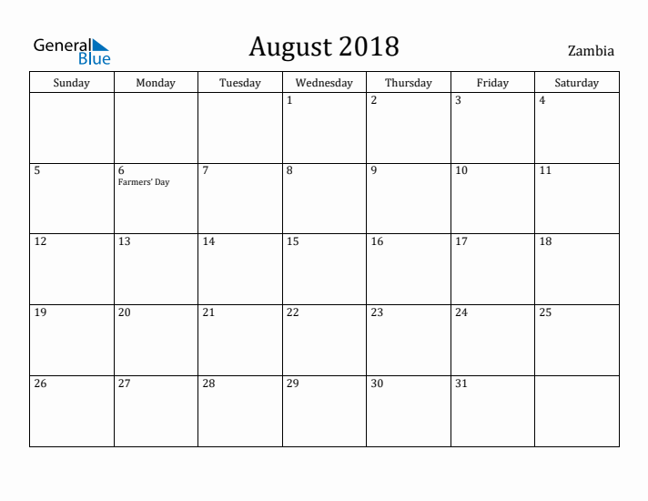 August 2018 Calendar Zambia