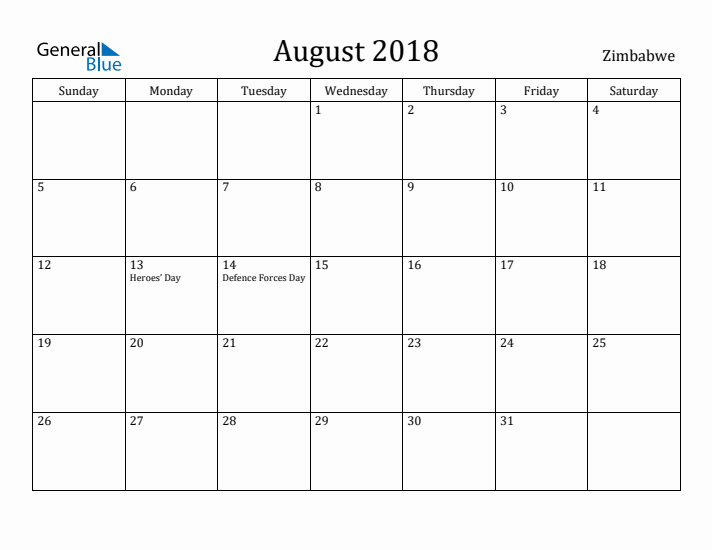 August 2018 Calendar Zimbabwe
