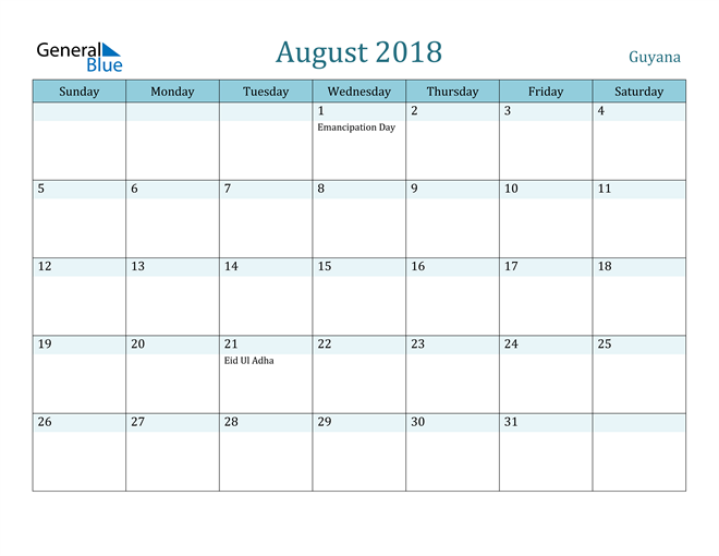 August 2018 Calendar with Holidays in PDF, Word, and Excel