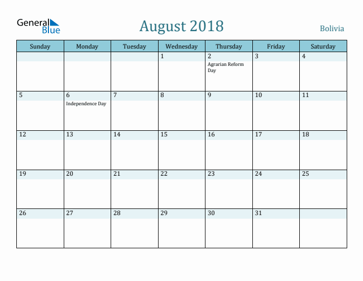 August 2018 Calendar with Holidays