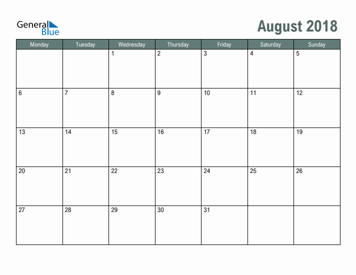 Free Printable August 2018 Calendar