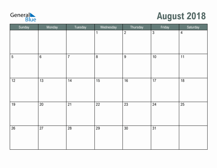 Free Printable August 2018 Calendar