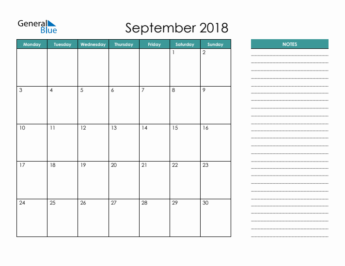 September 2018 Calendar with Notes