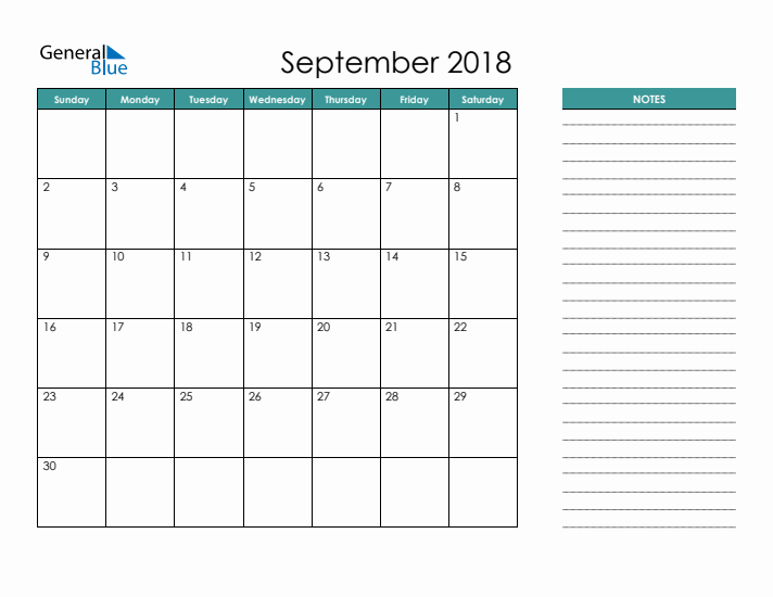 September 2018 Calendar with Notes