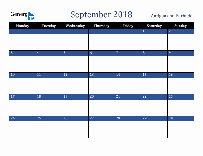 September 2018 Antigua and Barbuda Calendar (Monday Start)