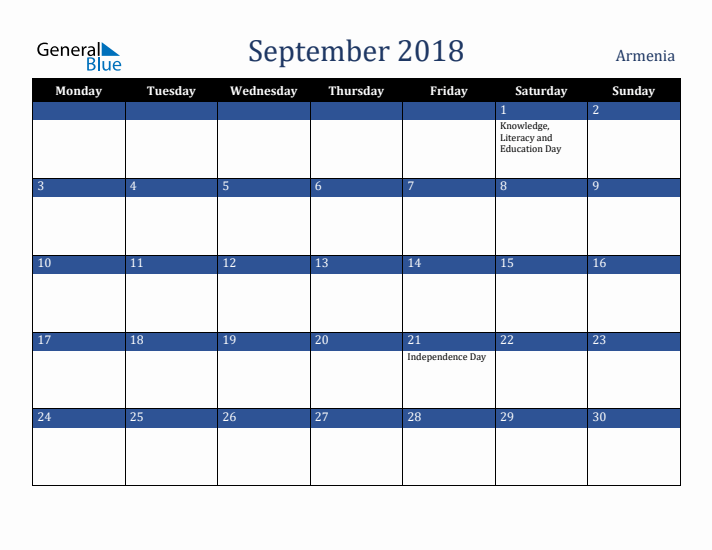 September 2018 Armenia Calendar (Monday Start)