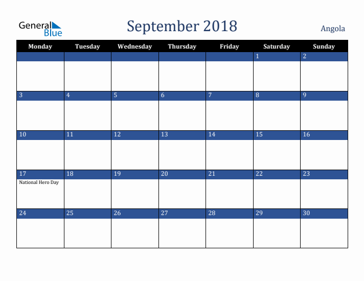 September 2018 Angola Calendar (Monday Start)
