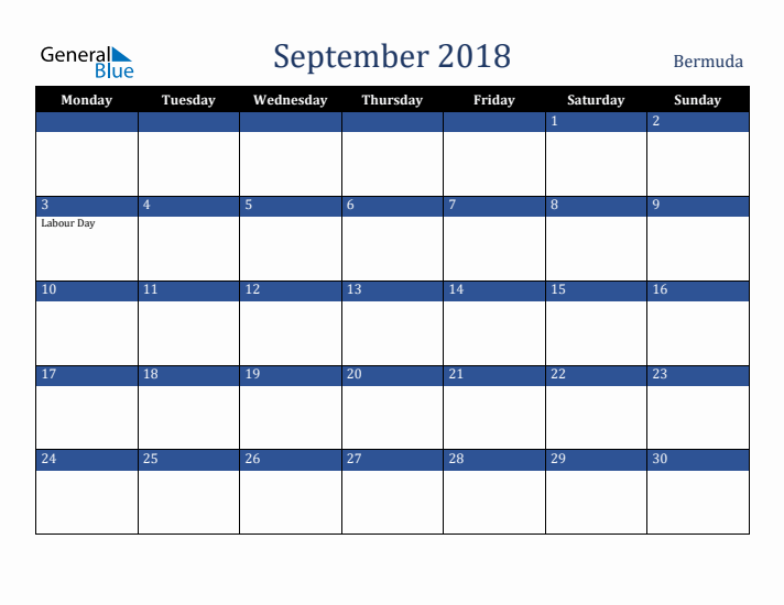 September 2018 Bermuda Calendar (Monday Start)
