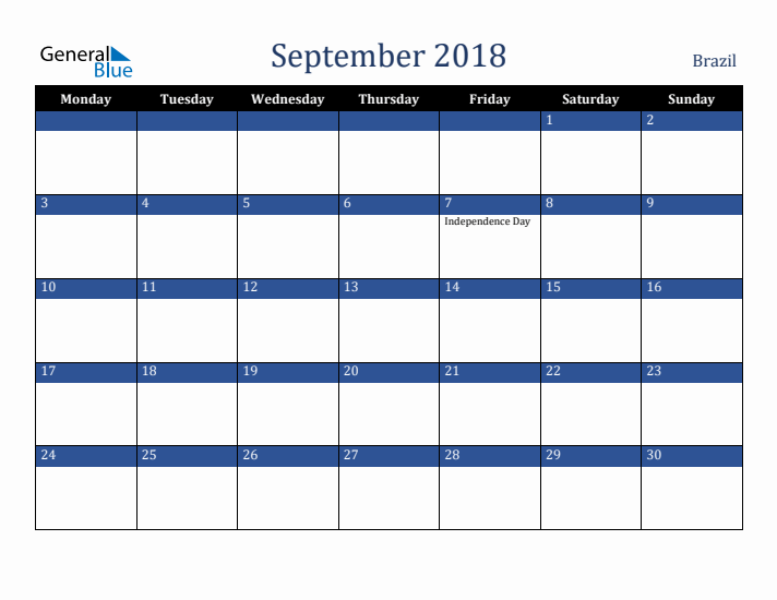 September 2018 Brazil Calendar (Monday Start)
