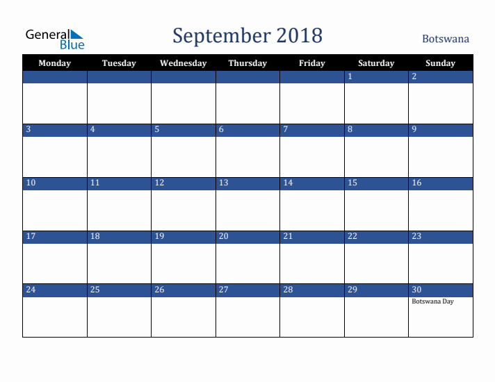September 2018 Botswana Calendar (Monday Start)