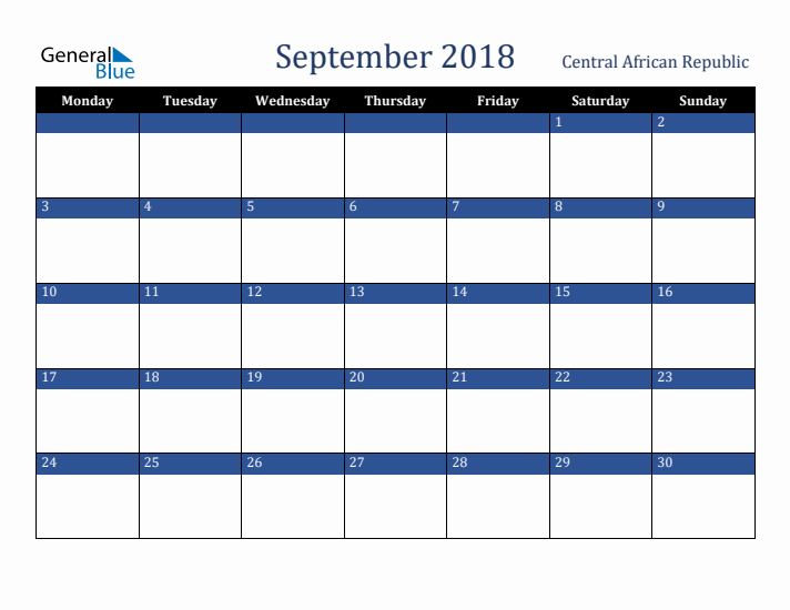 September 2018 Central African Republic Calendar (Monday Start)