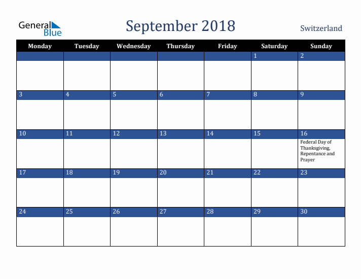 September 2018 Switzerland Calendar (Monday Start)