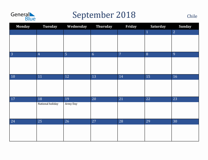 September 2018 Chile Calendar (Monday Start)