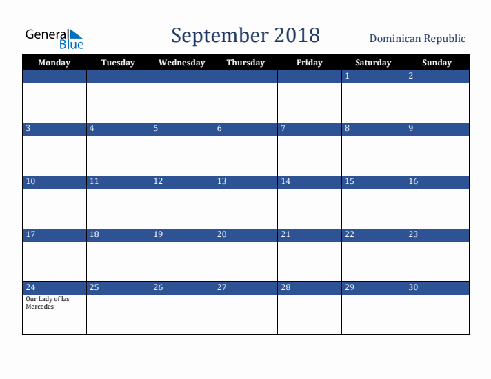 September 2018 Dominican Republic Calendar (Monday Start)