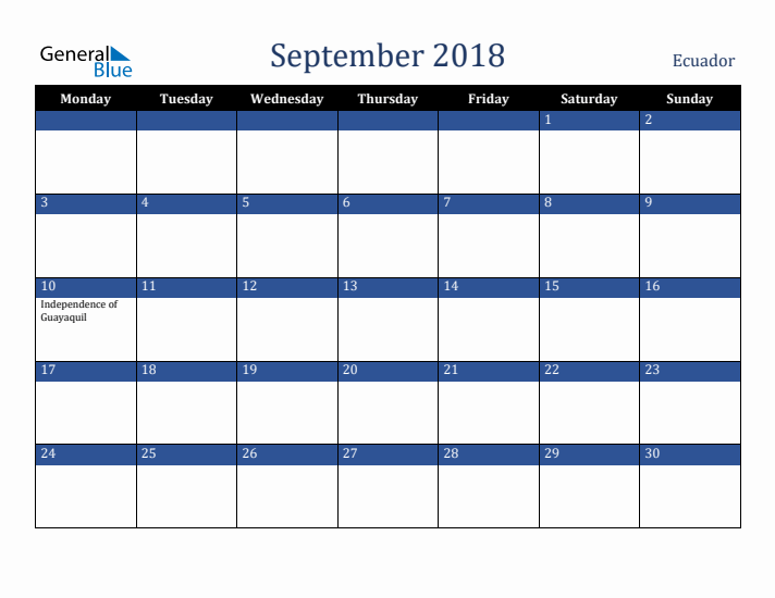 September 2018 Ecuador Calendar (Monday Start)