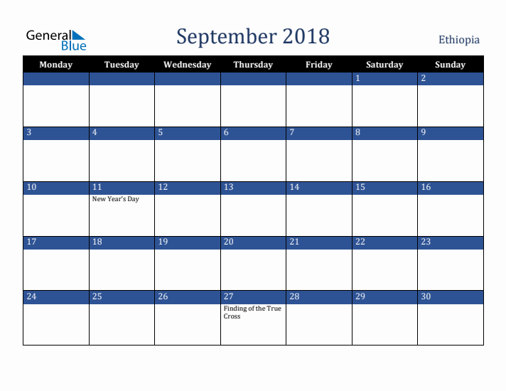 September 2018 Ethiopia Calendar (Monday Start)