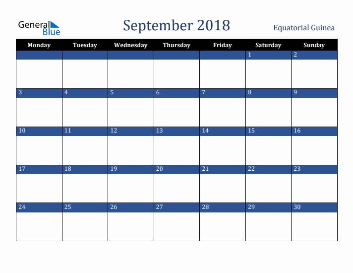September 2018 Equatorial Guinea Calendar (Monday Start)