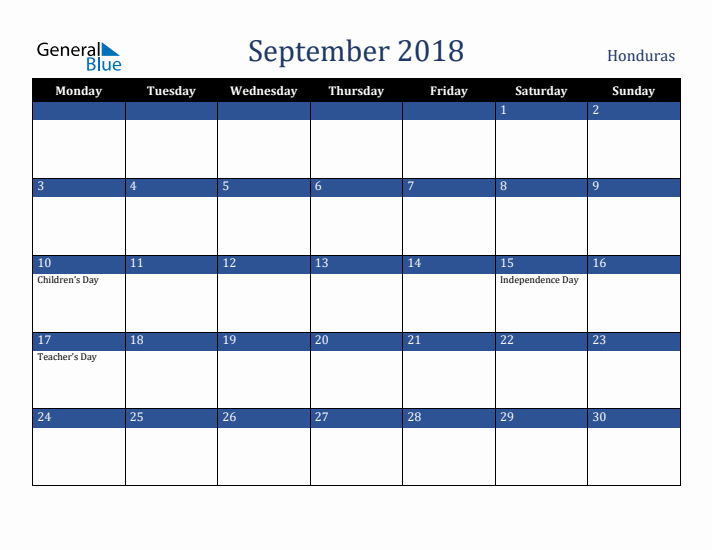 September 2018 Honduras Calendar (Monday Start)