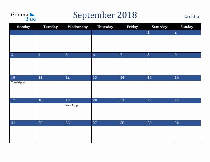 September 2018 Croatia Calendar (Monday Start)