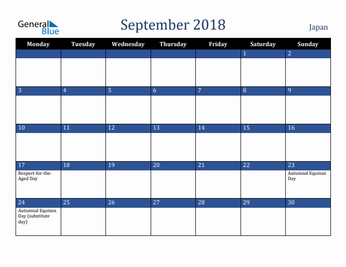 September 2018 Japan Calendar (Monday Start)
