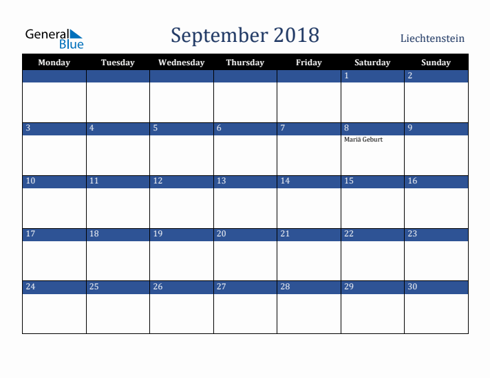 September 2018 Liechtenstein Calendar (Monday Start)