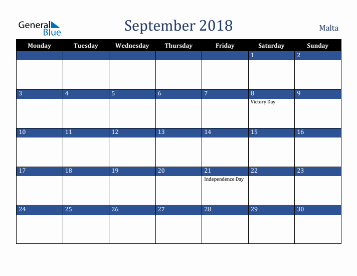 September 2018 Malta Calendar (Monday Start)