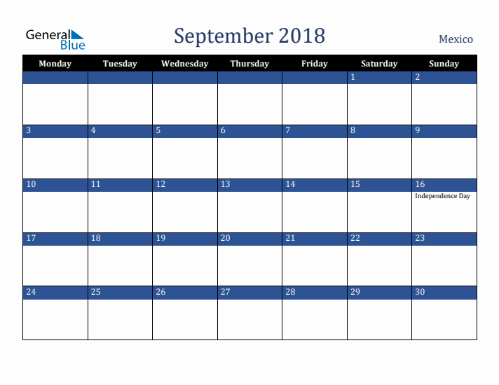 September 2018 Mexico Calendar (Monday Start)