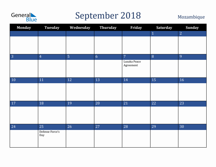 September 2018 Mozambique Calendar (Monday Start)