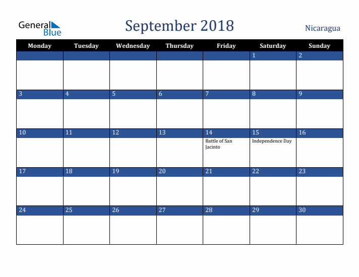 September 2018 Nicaragua Calendar (Monday Start)