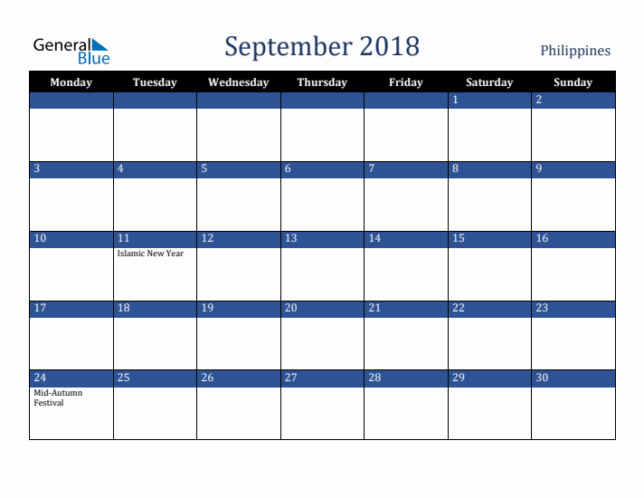 September 2018 Philippines Calendar (Monday Start)