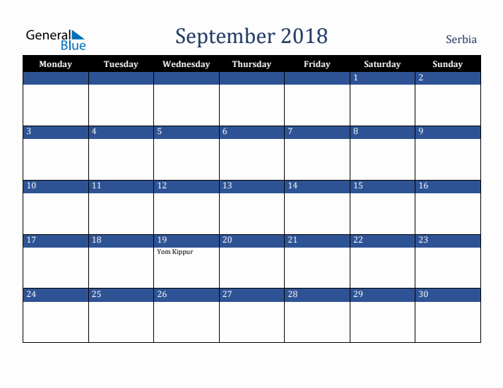 September 2018 Serbia Calendar (Monday Start)