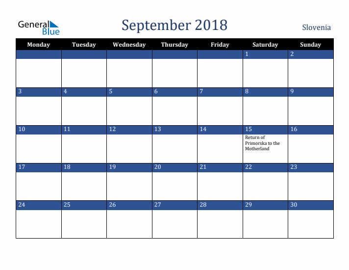 September 2018 Slovenia Calendar (Monday Start)