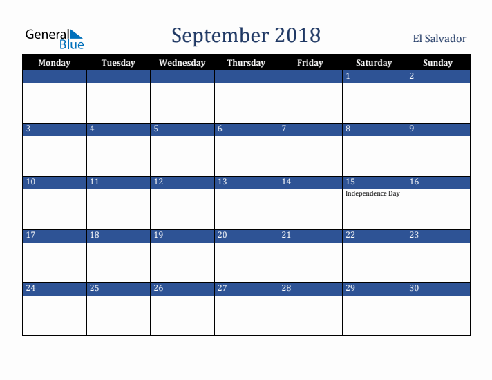 September 2018 El Salvador Calendar (Monday Start)