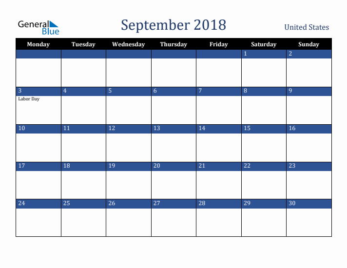 September 2018 United States Calendar (Monday Start)