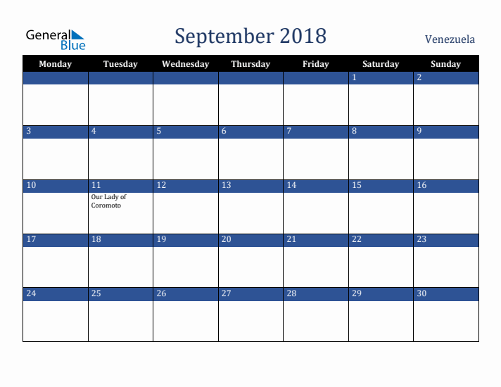 September 2018 Venezuela Calendar (Monday Start)