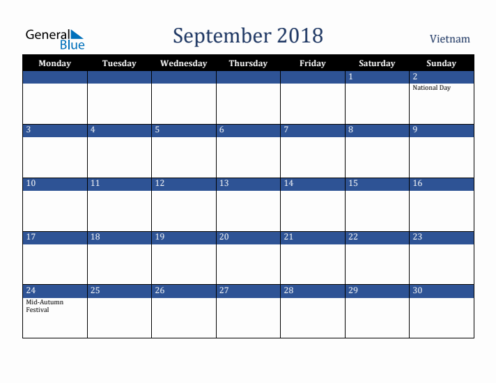 September 2018 Vietnam Calendar (Monday Start)