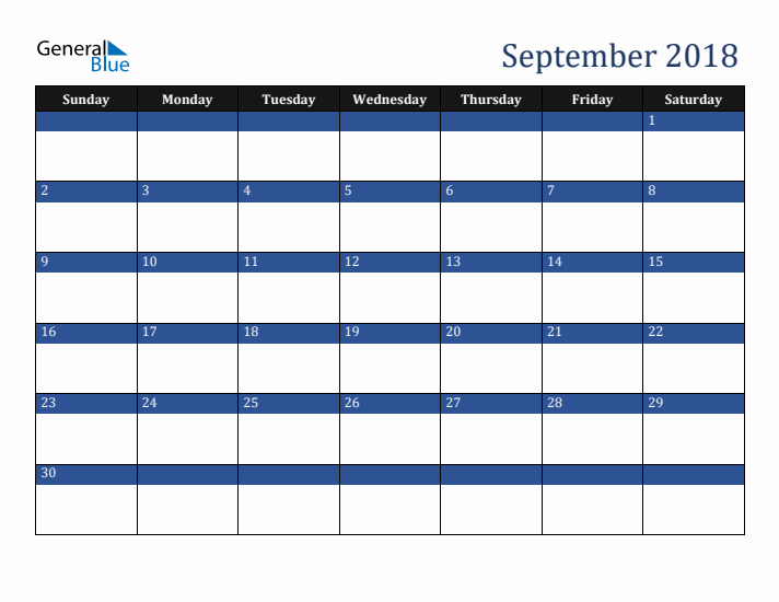 Sunday Start Calendar for September 2018