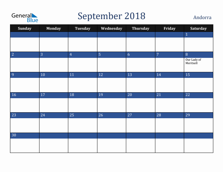 September 2018 Andorra Calendar (Sunday Start)
