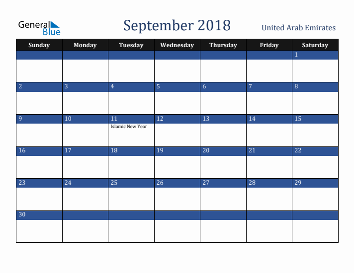 September 2018 United Arab Emirates Calendar (Sunday Start)