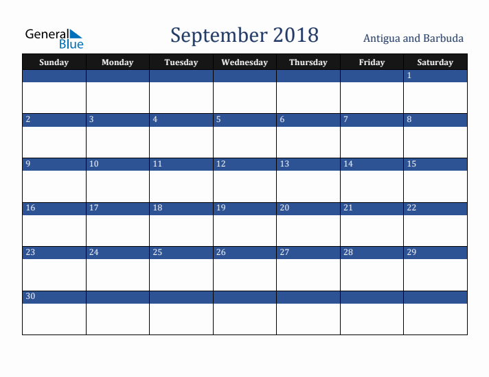 September 2018 Antigua and Barbuda Calendar (Sunday Start)