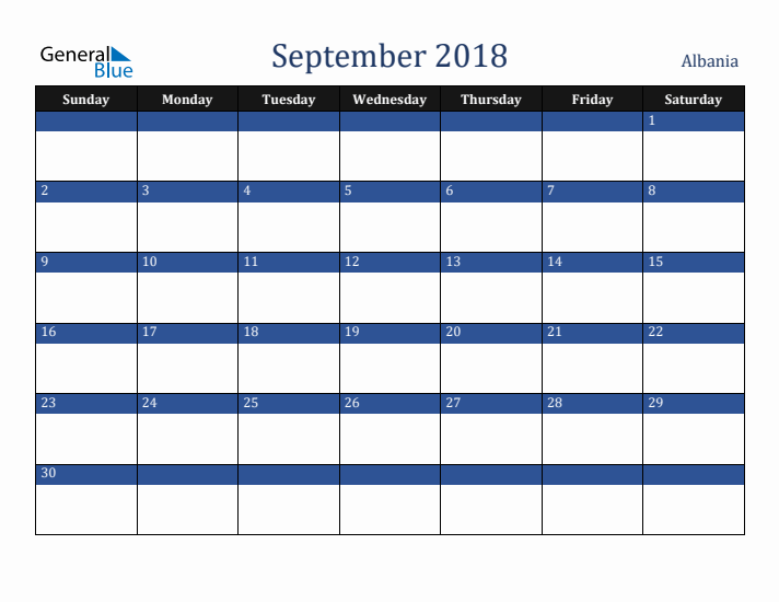 September 2018 Albania Calendar (Sunday Start)